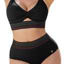 Popilush Tummy Control Swimsuits for Women - High Waisted Bikini Sets Shapewear with Boho Trim 4 Way Wear Pool and Beach, L