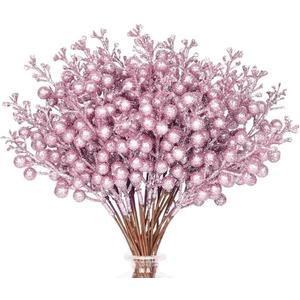 HOHOTIME 36Pcs Christmas Glitter Berries Stems, Pink 9.5 Inch Artificial Christmas Tree Picks for Christmas Tree Decorations Ornaments DIY Crafts Vases Holiday Wedding Home Xmas Decor