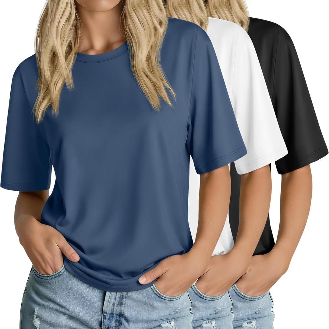 3 x Huukeay 3 Pack Women's Half Sleeve T-Shirts, Crew Neck Elbow Length Tops Loose Casual Basic Tees Summer Tunic Tops (S)