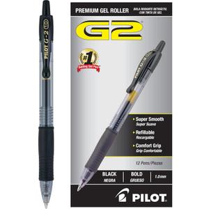 PILOT G2 Premium Refillable & Retractable Rolling Ball Gel Pens, Bold Point, Black Ink, 12-Pack (31256)