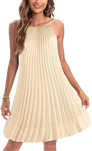 Ellames Women's 2025 Summer Spaghetti Strap Pleated Casual Swing Dress with Belt Size XL