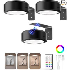 EZVALO Picture Lights for Wall, 2000mAh Rechargeable Battery Magnetic Poster Lights with 3 Color Temps & 12 RGB, Remote Dimmable Timer Painting Light, Wall Decor Light for Art Display, Frame (3 Pack) (White)