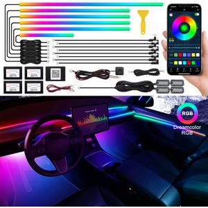 Dreamcolor Acrylic Interior Car LED Strip Light with Wireless APP, RGB 18 in 1 with 175 inches 593 LEDs Fiber Optic Ambient Lighting Kits, 16 Million Colors Sound Active Function Car Neon Lights