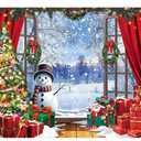 Christmas Window Photography Backdrop 8x6FT Wooden Window Snow Scene Xmas Tree Winter Wonderland Background Winter Christmas Party Decorations Supplies Photo Props