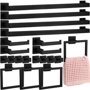 Gisafai 20 Pcs Bathroom Hardware Accessories Set 23.6 Inch Bath Towel Bar Kit Stainless Steel Bathroom Hardware Set Towel Racks Ring Hooks Paper Holder for Wall Mounted (Black)