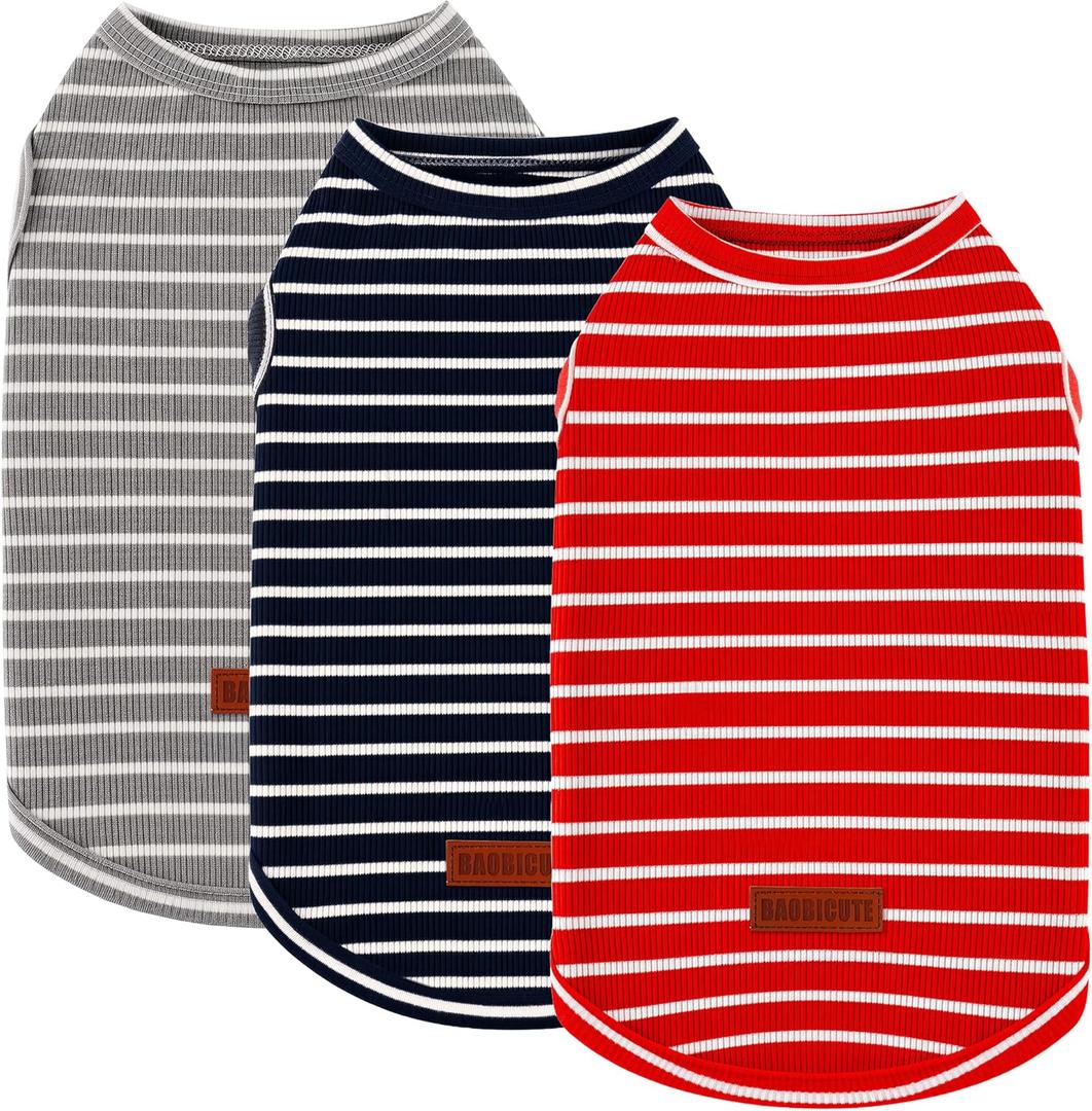 3Pack Dog Shirt Cotton Striped T-Shirts Stretchy Comfortable Pet Vest for Puppy and Cat Super Soft Dog Shirts Vest Sleeveless Breathable Basic Clothes for Boy Girl Dogs XS