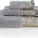 Loom and Mill Luxury Bath Towel Set 3 Piece, Ultra Soft Velour Cotton Cut Pile Decorative Highly Absorbent Quick Dry Elegant Jacquard Embroidered Bath Towels for Bathroom Hotel, Spa and Kitchen (Grey)