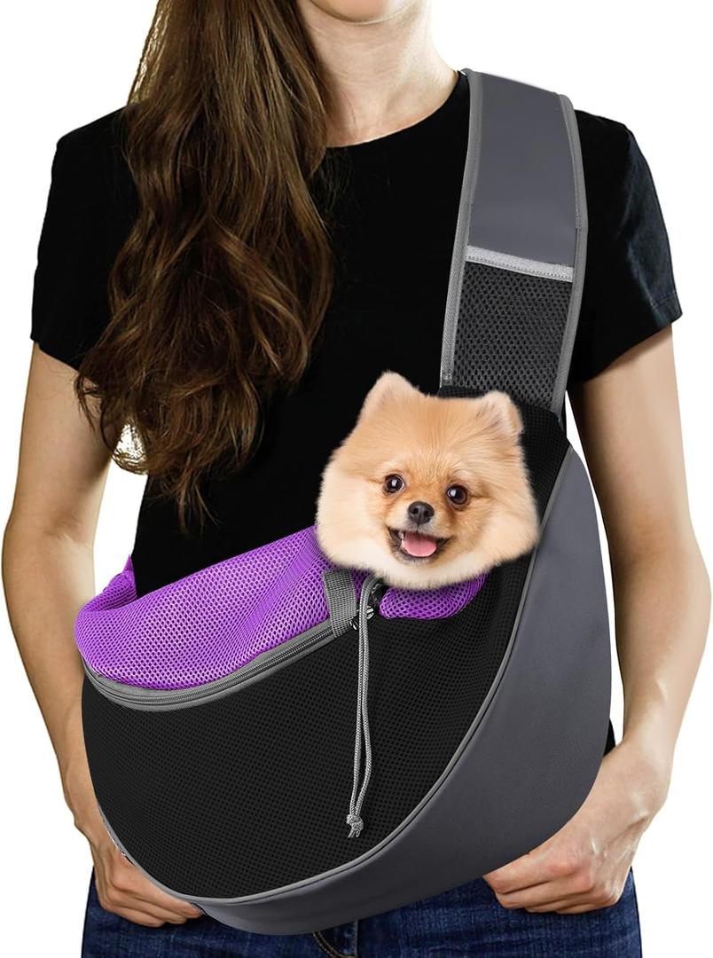 Pawaboo Dog Sling Carrier, Hand Free Breathable Mesh Bag for Puppy Cat, Drawstring Dog Papoose with Adjustable Strap and Pocket, Crossbody Satchel Dogs Purse for Outdoor Travel, L, Deep Purple