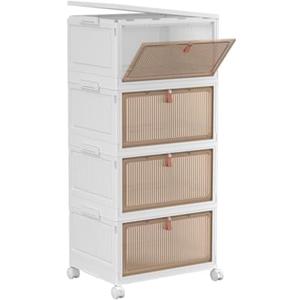 Foldable Storage Bins Boxes with Lid Wheels and Magnetic Door, Collapsible Stackable ABS Organizer for Kitchen Cloakroom Closet Living Room & Office 4 Tier