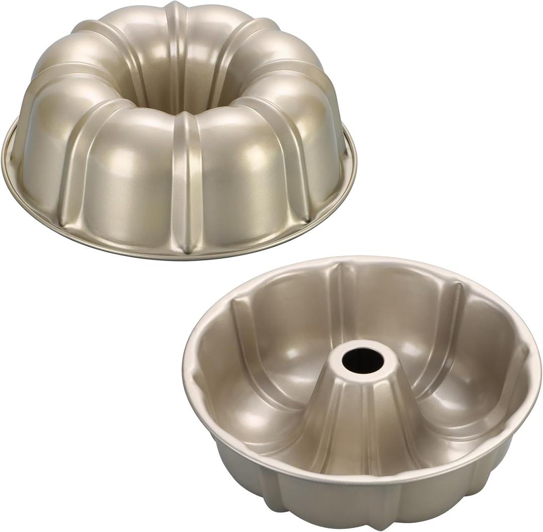 P&P CHEF 10 Inch Light Gold Non-stick Cake Pan, Carbon Steel Fluted Tube Round Baking Pan for Pound Cake, 10-Cup Large Capacity Bakeware, Healthy & Heavy Duty, 2 Pieces