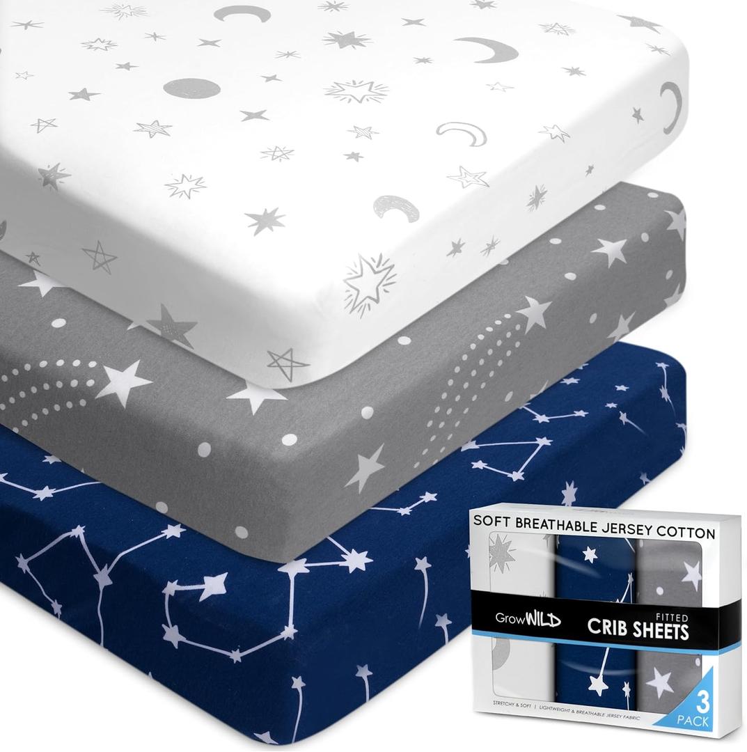Fitted Unisex Crib Sheets (3 Pack) by GROW WILD - Jersey Knit Cotton Crib Sheets for Boys or Girls, 52 x 28 x 9 Crib Bedding Set (Moon, Stars and Constellation) (Navy, Gray)
