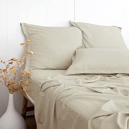 PANDATEX Beige Linen-Textured Bed Sheets Set, Bamboo Rayon, Cotton, Linen Blend Bed Sheets Queen Size, Soft Cool & Breathable for Hot Sleepers,Durable Natural Organic Bed 15'' Deep Pocket - 2 Piece