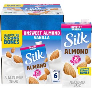 Silk Shelf-Stable Almond Milk, Unsweetened Vanilla, Dairy-Free, Vegan, Non-GMO Project Verified, 1 Quart (Pack of 6) BBD: 01/22/2026