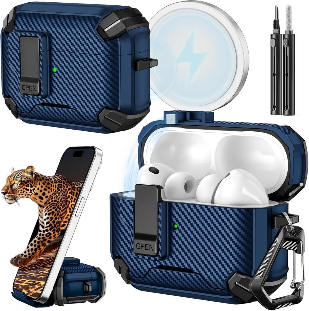 Inesore for AirPods Pro 3 Case (2025) with Phone Stand & Cleaning Kit, Compatible with Magsafe, Magnetic Automatic Lock Cover for AirPods Pro 3rd Generation (A-A-dark blue)