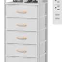 Furnulem 5 Drawers Dresser with Charging Station, Tall Night Stand with Open Shelf, Storage Tower with PVC & Fabric Drawer, Bedside Table for Bedroom, Closet, Entryway, 3 Ways to Use, White