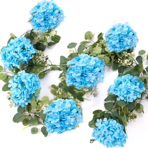 6ft Light Blue Hydrangeas Artificial Floral Garland with Greeny Eucalyptus, Spring Wreath Fake Flowers Vines for Wedding Wall Arch Ceremony Home Table Centrepiece Backdrop Party Decorations