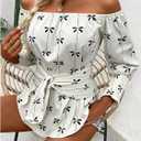 SOLY HUX Women's Bow Print Off The Shoulder Tops Tie Front Lantern Long Sleeve Blouse Shirt (S)