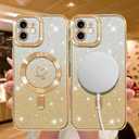 NITITOP Compatible with iPhone 12 Case Cute Clear Glitter [Compatible for MagSafe] Plating Heart Sparkle Bling Magnetic Girl Women Electroplated Frame Camera Protection Back Cover - Gold