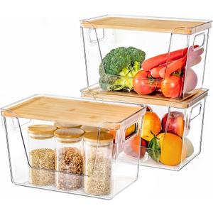 Criusia 3 Set Pantry Organizers and Storage with Bamboo Lids, Stackable Clear Bins for Onion, Potato, Fruit, Vegetables, Trash Bag Dispenser, Kitchen and Under Sink Organizer (3 Pack Large)
