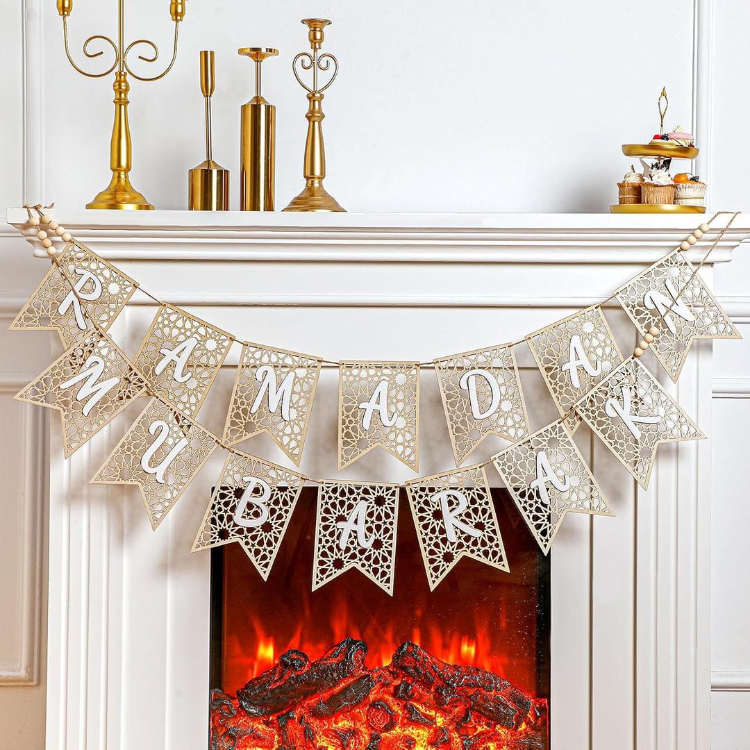SmoothNovelty 2 Pcs Eid Ramadan Mubarak Banner Wooden Decoration Rustic Bead Muslim Party Decor Supplies for Home Fireplace Indoor Outdoor (White Letter)