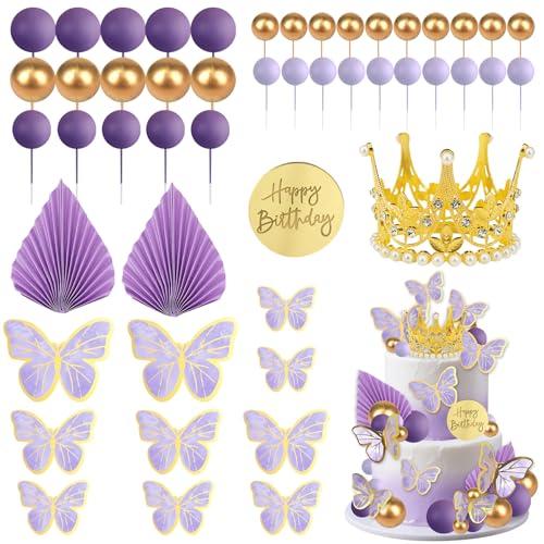 24Pcs Butterfly Cake Topper Purple Butterfly Golden Crown Cake Decorations with Ball Cake Toppers for Baby Shower Birthday Party Supplies