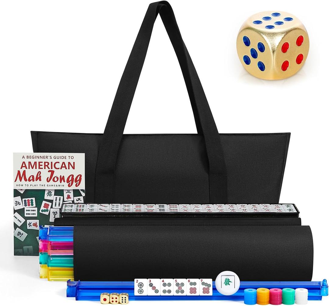 American Mahjong Tile Set, Mah Jong Set Complete with Bag, 166 White Tiles with Golden Dices for Travel, 4 All-in-One Mahjong Racks with Pushers (Black), 3 Inches X 5.6 Inches