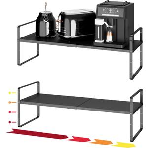 16.5~27.1" Expandable Shelf Organizer, 2Pack 10.2" Wide Stackable Cabinet Shelf Organizers, Black Metal Sturdy Kitchen Counter Storage for Countertop, Adjustable Height Spice Rack