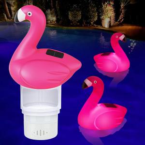 Solar Pool Chlorine Floater, 7 inch Flamingo Chlorine Floater with Light, Glow in the Dark Chlorine Tablet Floater, Adjustable Release and Easy Opening Floating Chlorine Dispenser for Pool, Hot Tub