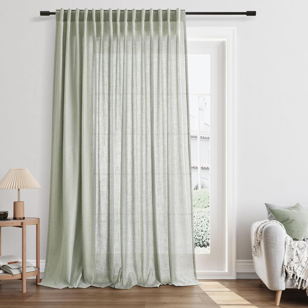 Sage Green Extra Wide Linen Curtains for Sliding Glass Door 100 Inch Wide Back Tab Curtain Patio Living Room Divider Semi Sheer Farmhouse Spring Light Filtering Drape 1 Panel W100xL102