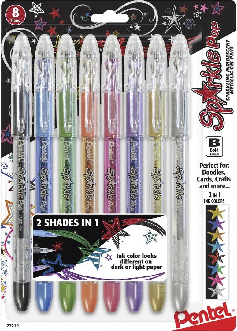 Pentel Sparkle Pop Metallic Gel Pen, (1.0mm) Bold Line, Assorted Colors, Pack of 8 (K91BP8M)
