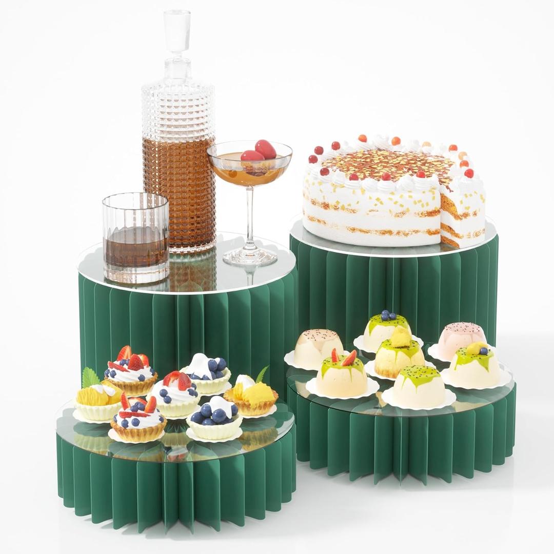 4 Pack Buffet Risers, Foldable Accordion Food Display Risers with Acrylic Disc, Dessert Table Display Set, Cardboard Paper Cupcake Cake Stand for Party Cylinder Stands for Parties Drink Collectibles Jewelry Figures, Multi-height, Green