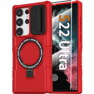 for Samsung Galaxy S22 Ultra Case with Magnetic Ring Stand+Glass Screen Protector [Compatible with MagSafe] Military Grade Cases with Camera Cover, Shockproof Cover for Samsung S22 Ultra, Red