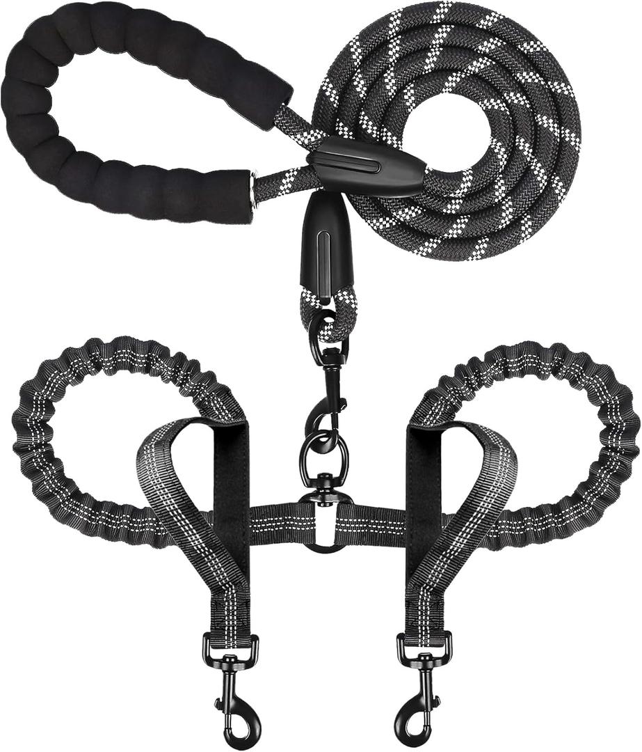 Double Dog Leash for Two Dogs, Heavy Duty Adjustable No Tangle, Bungee Retractable Split Multiple Leash for Walking 2 Dogs, 5.5FT-1/2, Black