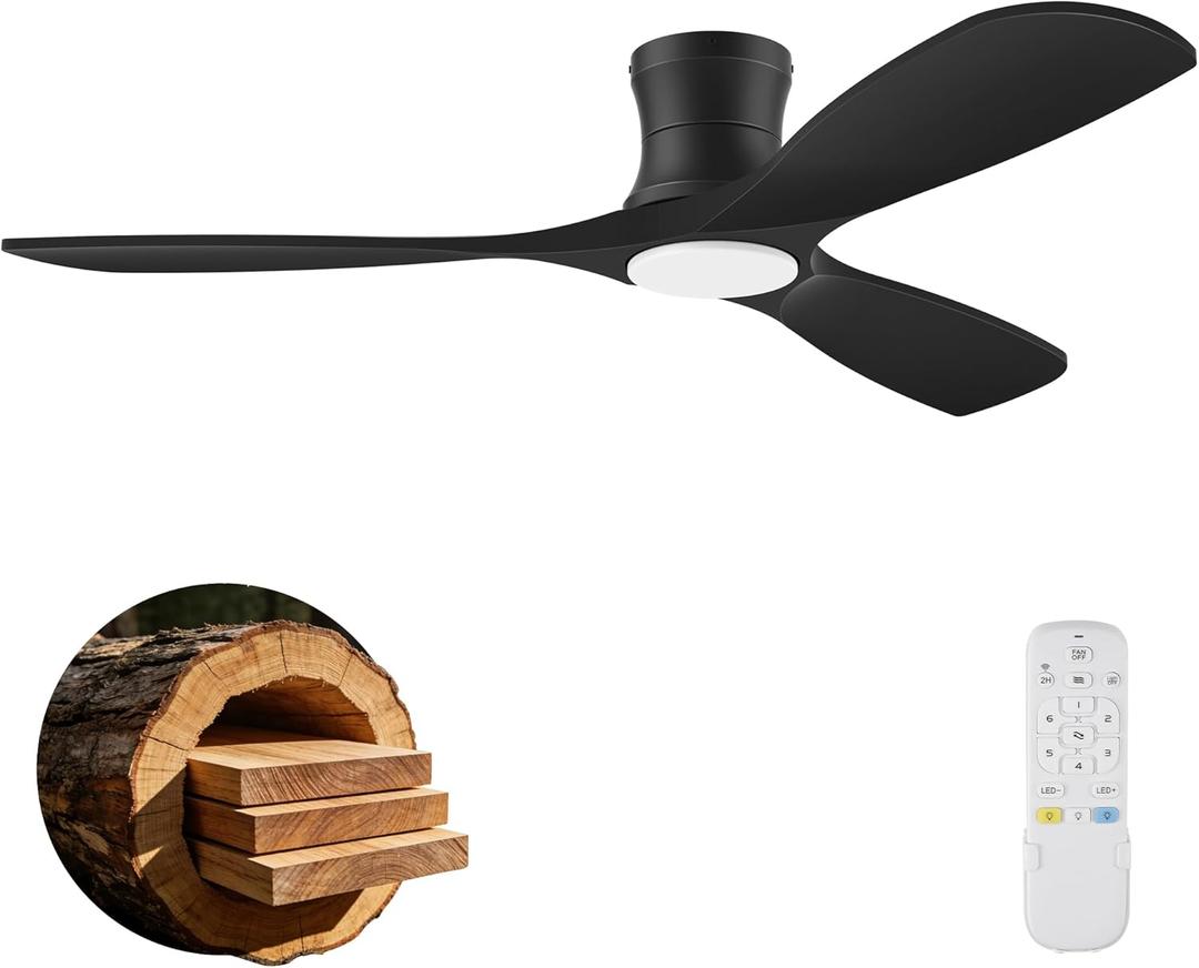52 In Low Profile Ceiling Fans with Lights,Flush Mount,Black,Outdoor Indoor