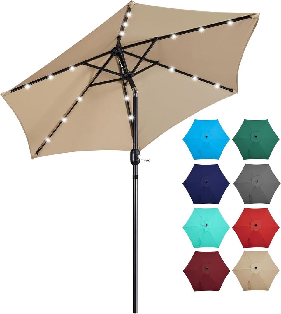 Yaheetech 7.5FT Solar Patio Umbrella-18 LED Lighted Market Table Outdoor Umbrella w/UV Protection Push Button Tilt & Crank Lift System for Garden/Lawn/Deck/Backyard/Pool,Tan