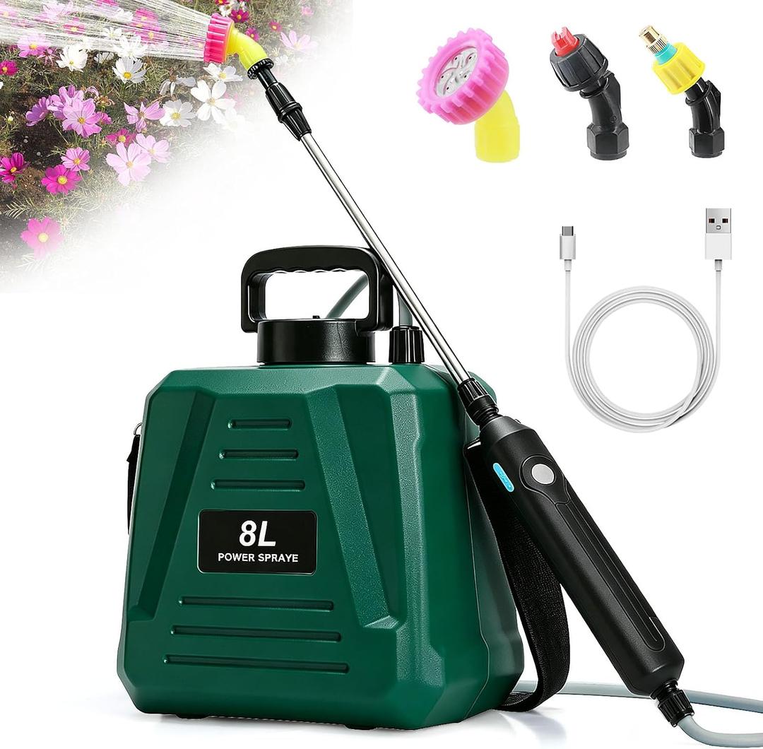 2026 New Battery Powered Sprayer 2 Gallon, Powerful Sprayer with 3 Mist NozzlesRetractable WandUSB-Charging Controller, Weed Sprayer with Adjustable Shoulder Strap for Courtyard, lawns and Garden