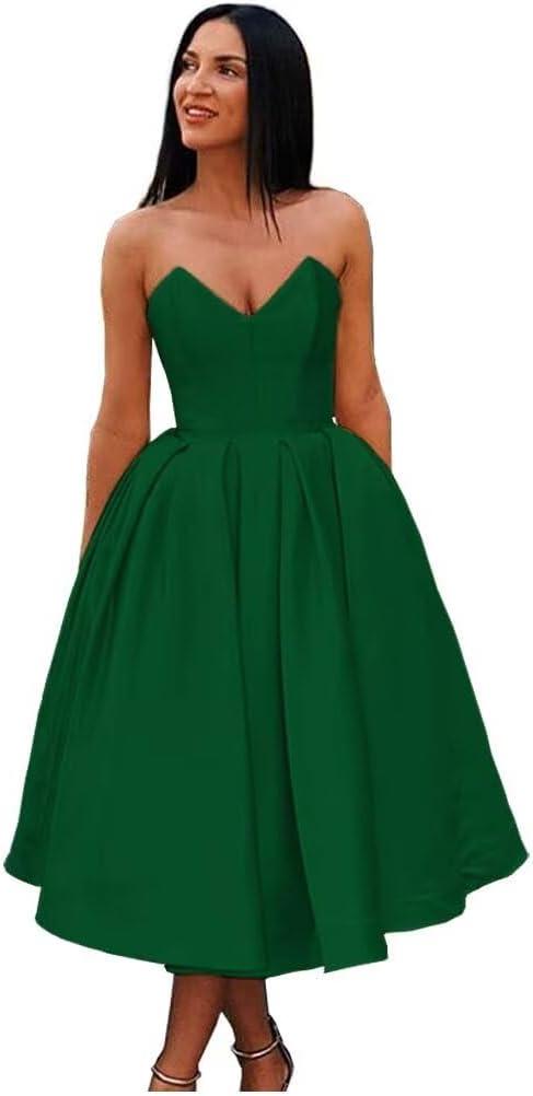Women’s A Line Strapless Backless Prom Dress, Sleeveless Sweetheart Neck Satin Homecoming Dresses (Emerald Green), Size S