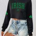 St Patrick's Day Crop Tops for Women Irish Shamrock Graphic Shirt Funny Lucky Clover Long Sleeve T-Shirt Tops (Black, L)