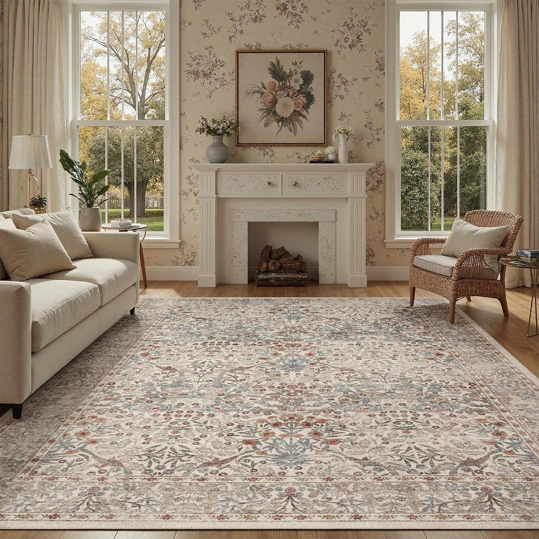 DCX Beige 6x9 Area Rug, Machine Washable Non Slip Stain Resistant Soft Vintage Floral Rug, for Living Room, Bedroom, Dining Room, Soft Low Pile Large Carpet