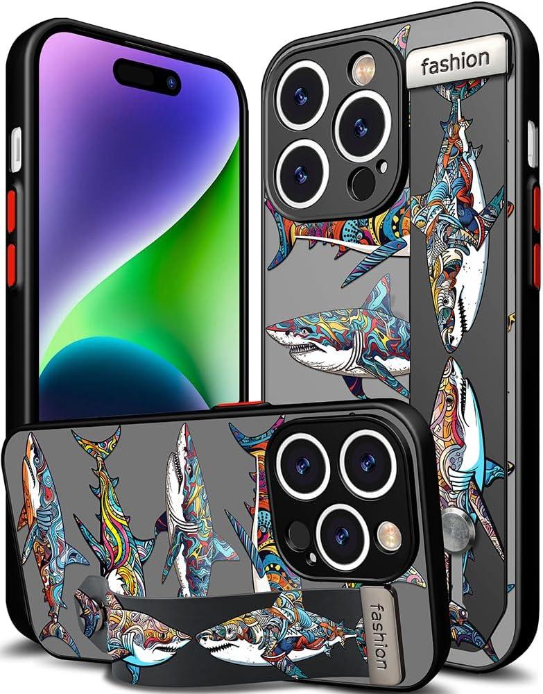 Cisland Compatible for iPhone 14 Pro Case Cute with Strap Stand Finger Kickstand, Designer Cool Silicone Cases Funda Cover - Blue Marine Shark 2Pcs