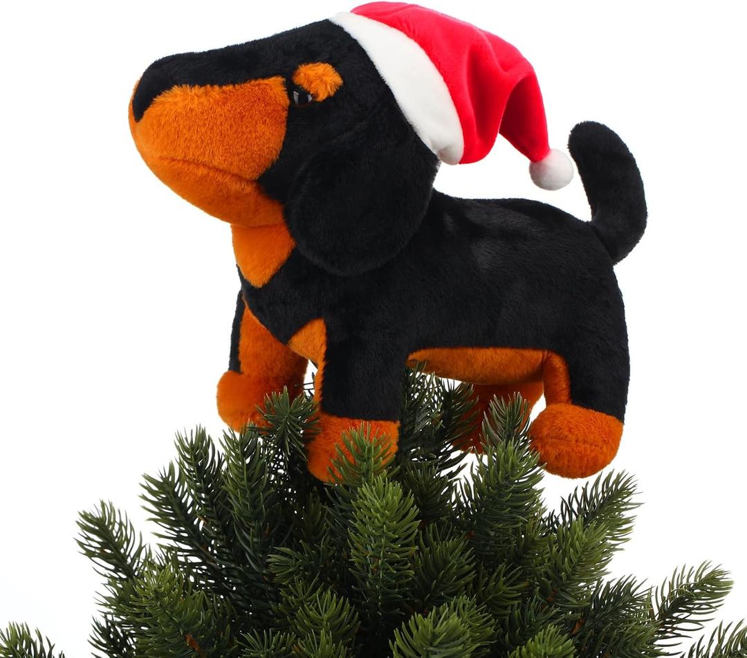Sumind Daschund Dog Christmas Tree Topper Decoration Animal Plush Stuffed Puppy with Santa Hat Xmas Tree Ornament Dog Lover Gift Cute Winter Home Decoration Holiday Decor