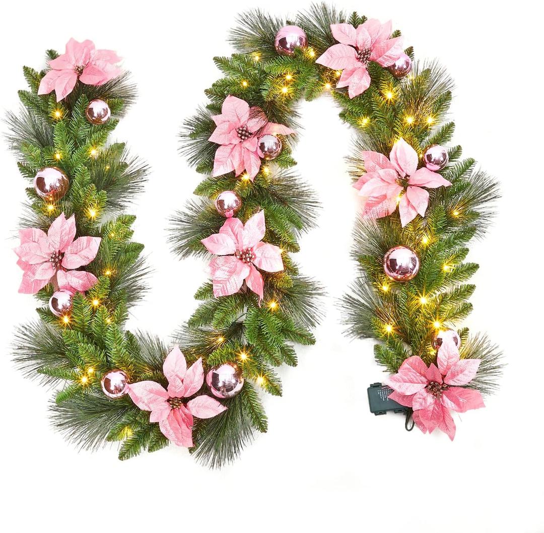 Garvee Pre-Lit Christmas Garland with LED Lights, Lighted Garland with Flower Cypress Leaves Christmas Ball, Indoor Outdoor Xtmas Decoration, 9 ft/ 108 in, Pink