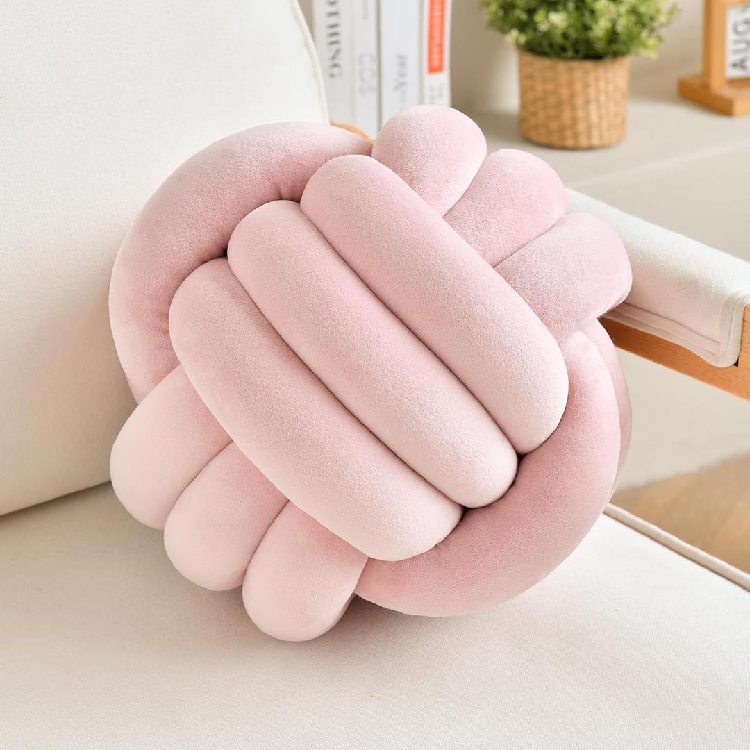 LUSJNGE Decorative Throw Knot Pillow Ball for Home Chair Sofa Couch Bed Aesthetic Round Velvet Knotted Pillow Cushion (Pink, 8 inches)