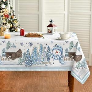 Horaldaily Christmas Tablecloth 60×84 Inch Rectangular, Blue Snowman Pine Snow Washable Table Cover for Party Picnic Dinner Decor