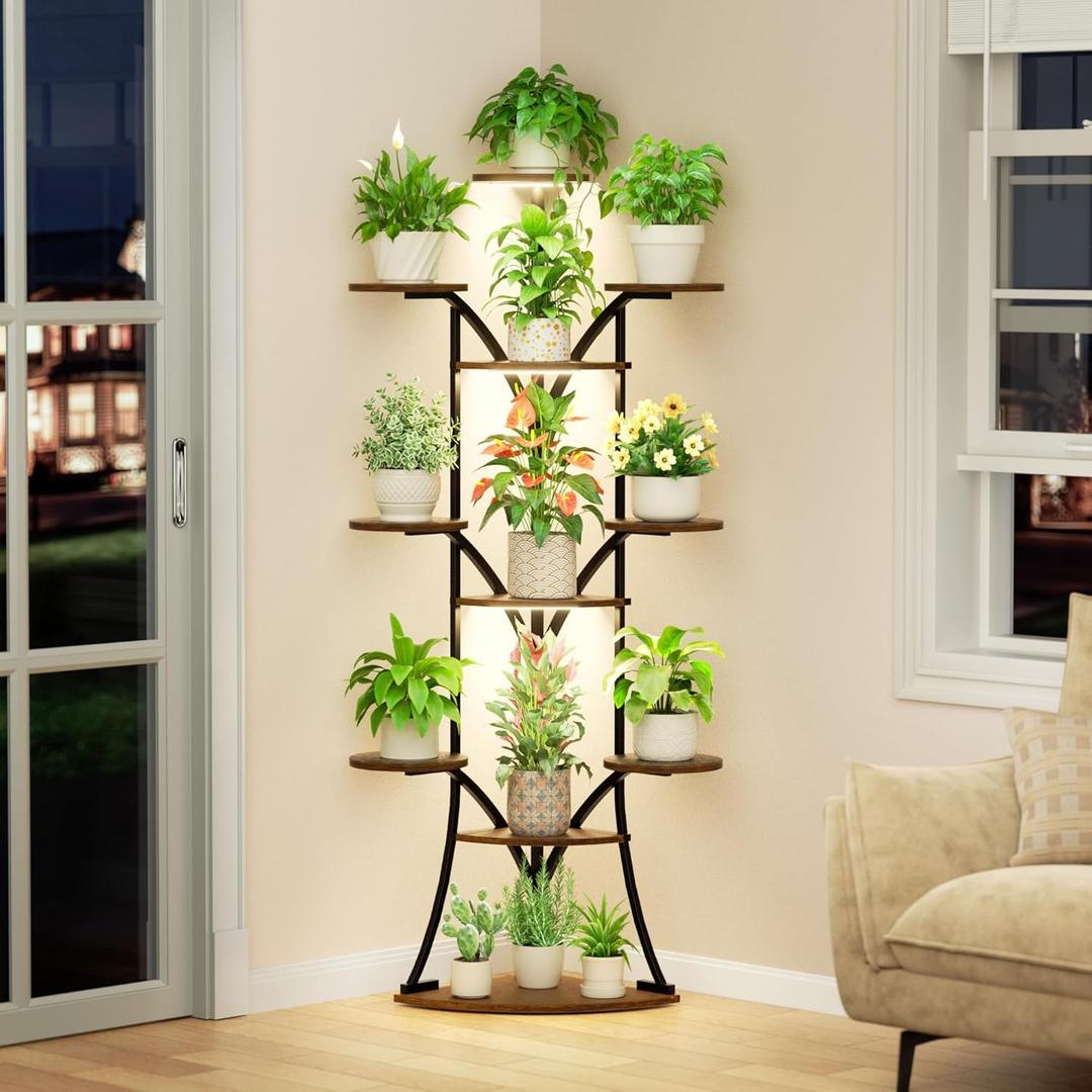 Plant Stand Indoor with Grow Lights-63'' Tall Plant Shelf, Corner Plant Stands for Indoor Growing, Tiered Plant Shelves Large Flower Holder for Indoor Plants, V-Shaped Decorative Rack for Home, Black