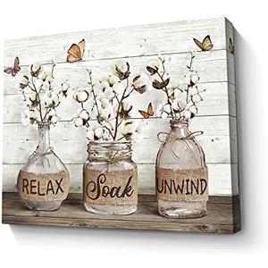 Parylore Farmhouse Bathroom Decor Wall Art Cotton Flower Picture Wall Decor Rustic Mason Jar Farmhouse Style Painting Framed Modern Artwork For Living Room Bedroom Bathroom Office Home Decor 16x20 In