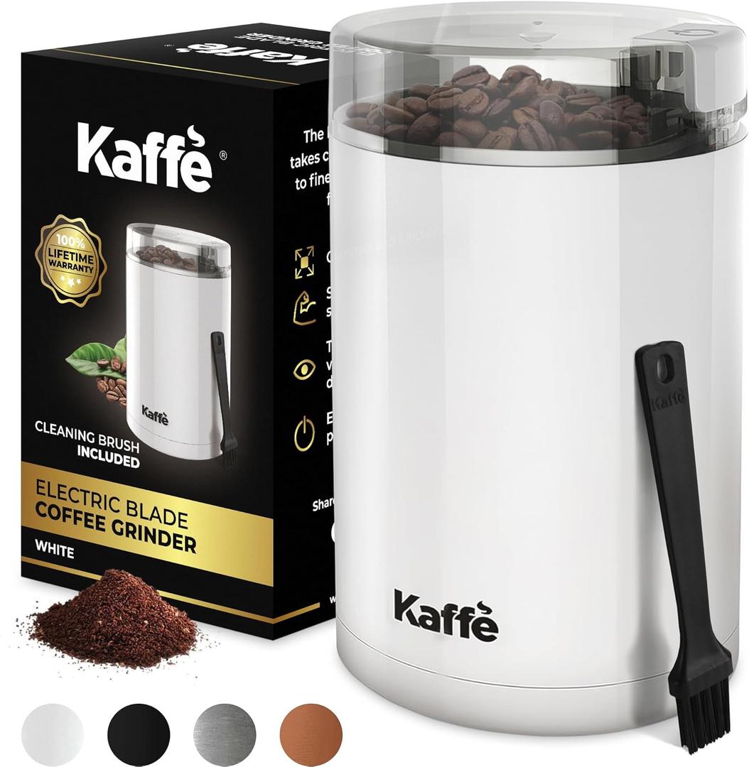 Kaffe One-Touch Coffee Grinder Electric w/Cleaning Brush (3 oz) - Coffee Grinders for Home Use - Up to 12 Cups of Coffee per Grind - Easy On/Off Coffee Bean Grinder - White