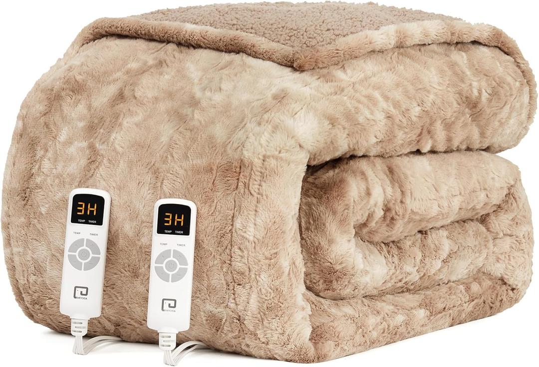 EHEYCIGA Electric Heated Blanket Queen Size Faux Fur, 10 Hours Auto Shut Off 9 Heating Levels Heating Blanket with Dual Control, Soft Warm Heated Blanket Fast Heating Camel, Faux Fur & Sherpa
