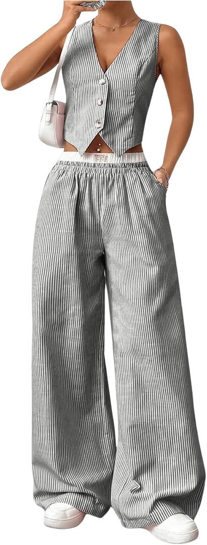 Milumia Women's 2 Pcs Outfits Striped V Neck Button Blazer Vest Pants Tracksuit Grey Large