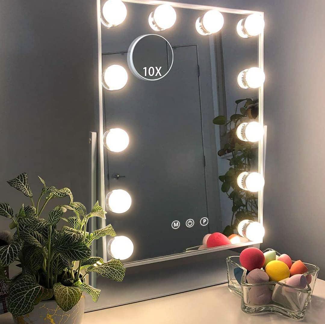 Hansong Vanity Mirror with Lights Makeup Mirror with Lights 12 Dimmable Bulbs Hollywood Lighted Makeup Mirror Detachable 10x Magnification 3 Color Lighting Modes (White)